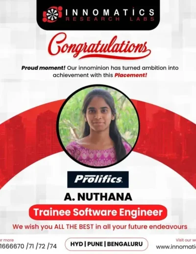 Placement card of A. Nuthana selected as Trainee Software Engineer at Prolifics.