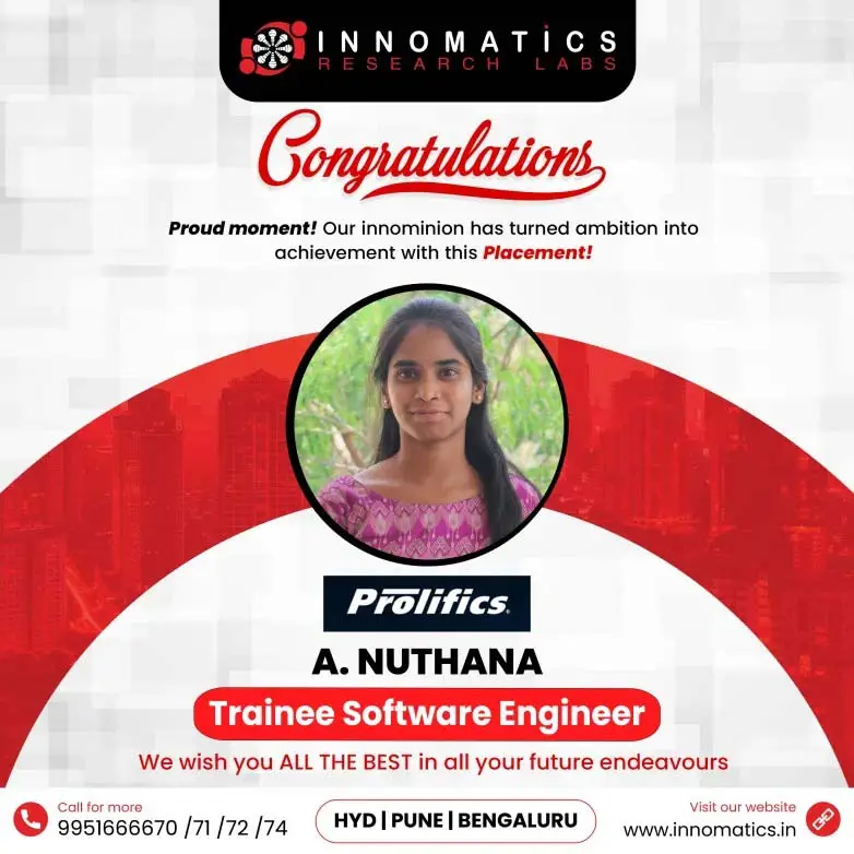 A. Nuthana – Trainee Software Engineer Placement card of A. Nuthana selected as Trainee Software Engineer at Prolifics.