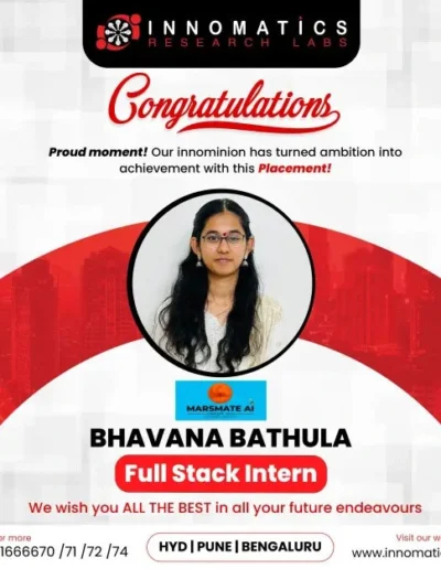 Placement announcement of Bhavana Bathula as Full Stack Intern at Marsmate AI, featured by Innomatics Research Labs.