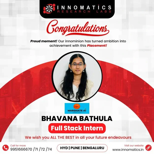 BHAVANA-BATHULA---Full-Stack-Intern Placement announcement of Bhavana Bathula as Full Stack Intern at Marsmate AI, featured by Innomatics Research Labs.