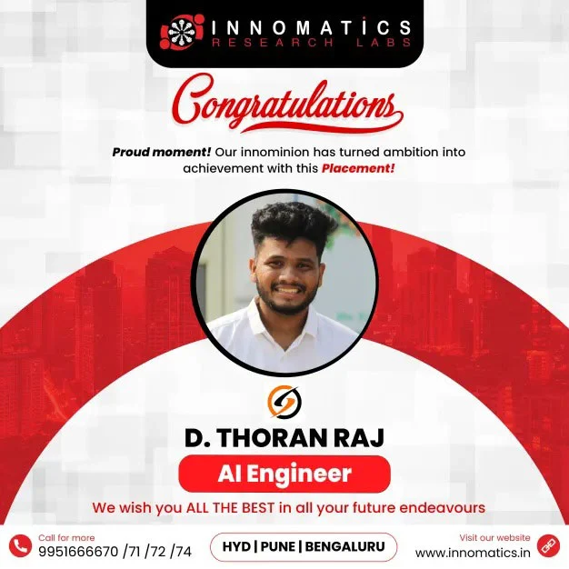 D. THORAN RAJ — AI Engineer Congratulations banner announcing D. Thoran Raj as an AI Engineer from Innomatics Research Labs.