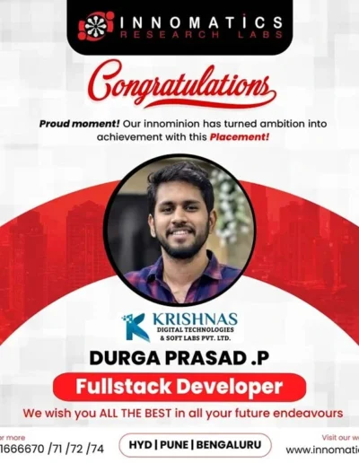 Portrait of Durga Prasad P in an Innomatics Research Labs placement banner announcing his role as a Fullstack Developer at Krishnas Digital Technologies & Soft Labs.