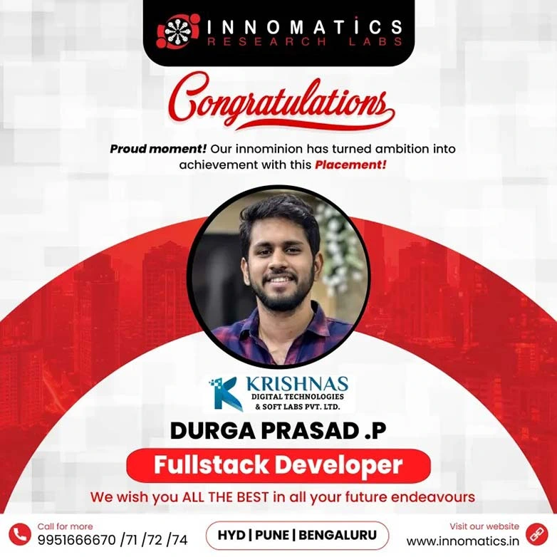 DURGA PRASAD P — Fullstack Developer Portrait of Durga Prasad P in an Innomatics Research Labs placement banner announcing his role as a Fullstack Developer at Krishnas Digital Technologies & Soft Labs.