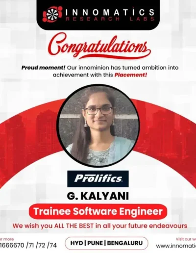 Placement card of G. Kalyani selected as Trainee Software Engineer at Prolifics.