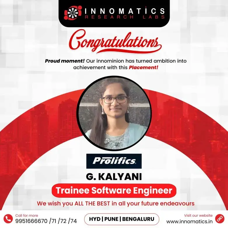 G. Kalyani – Trainee Software Engineer Placement card of G. Kalyani selected as Trainee Software Engineer at Prolifics.