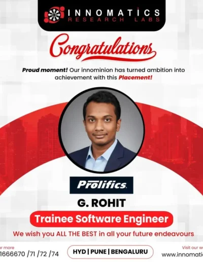 Placement card of G. Rohit selected as Trainee Software Engineer at Prolifics.