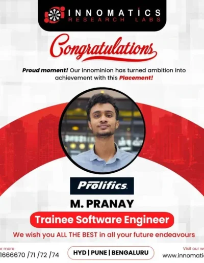 Portrait of M. Pranay featured in an Innomatics Research Labs placement announcement as a Trainee Software Engineer at Prolifics.