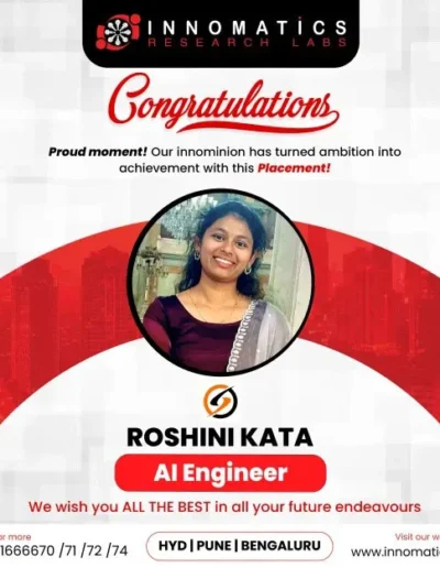 Congratulations banner featuring Roshini Kata, selected as an AI Engineer at Innomatics Research Labs.