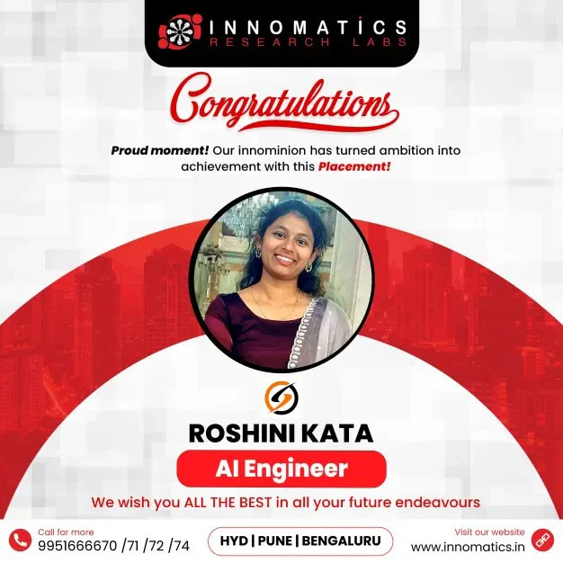 ROSHINI KATA — AI Engineer Congratulations banner featuring Roshini Kata, selected as an AI Engineer at Innomatics Research Labs.