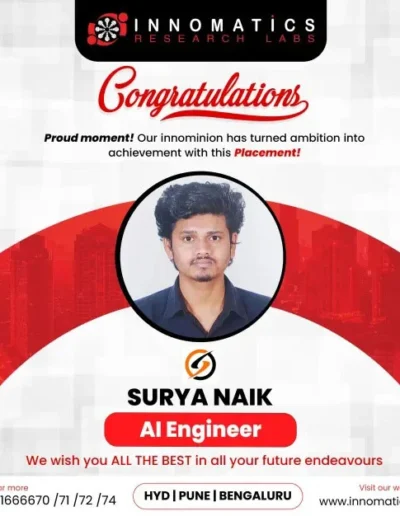 Congratulations banner featuring Surya Naik who secured the role of AI Engineer.