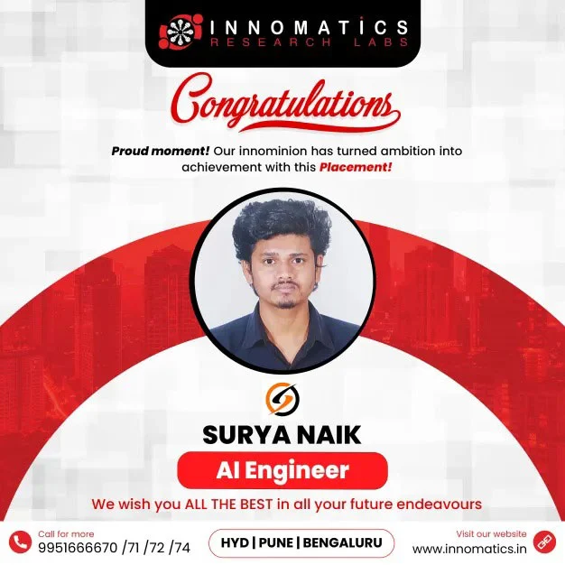 SURYA NAIK— AI Engineer Congratulations banner featuring Surya Naik who secured the role of AI Engineer.