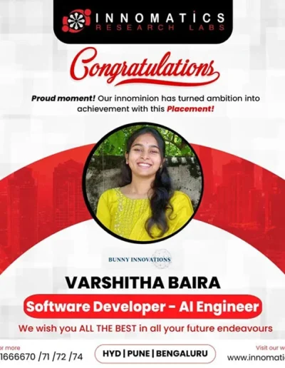 Congratulations banner showing Varshitha Baira selected as a Software Developer and AI Engineer.
