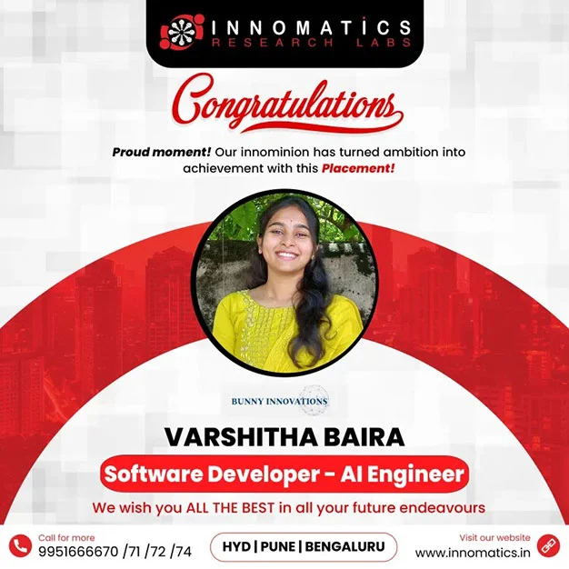 VARSHITHA BAIRA — Software Developer / AI Engineer Congratulations banner showing Varshitha Baira selected as a Software Developer and AI Engineer.