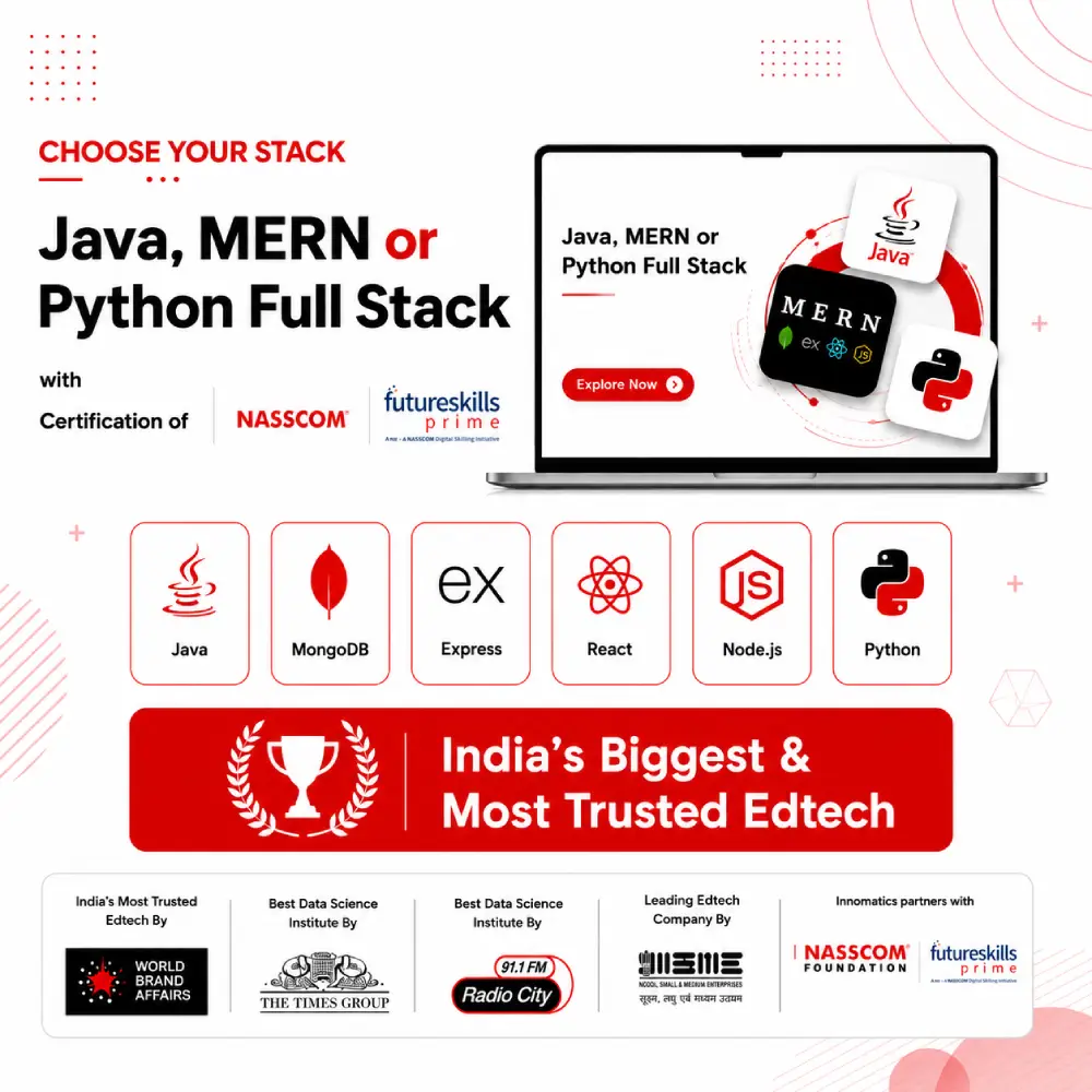 Full Stack Development Banner Mobile Innomatics Full Stack Development Program banner showcasing Java, MERN, and Python Full Stack courses with NASSCOM certification, FutureSkills Prime partnership, and industry-recognized edtech awards.